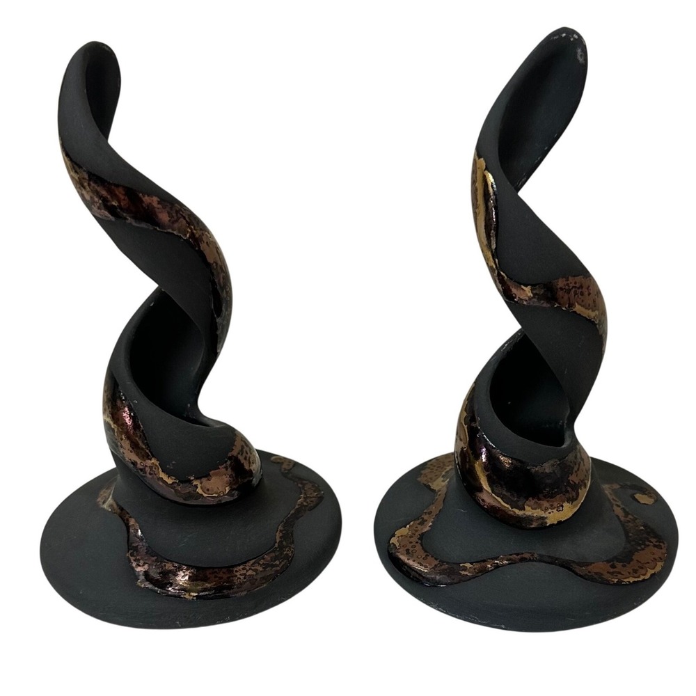 Studio Art Pottery Raku Twisted Spiral Taper Candle Holders Signed Black Gold